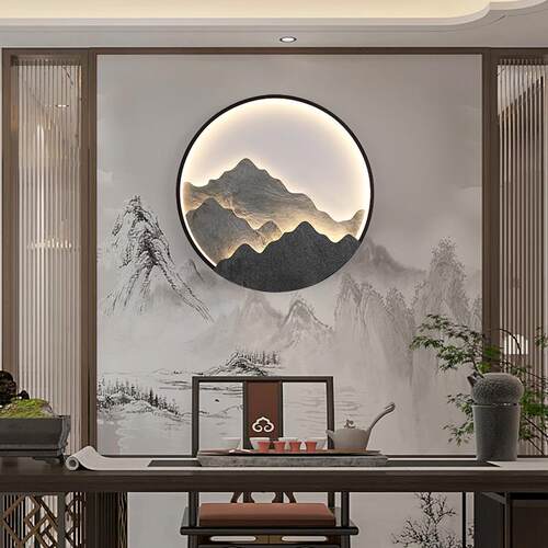 新中式岩板玄关壁画灯高端入户门客厅茶室背景墙山水立体挂画壁灯