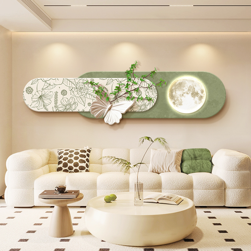 中古风客厅装饰画高级感仿真绿植沙发背景墙挂画奶油风创意叠加画