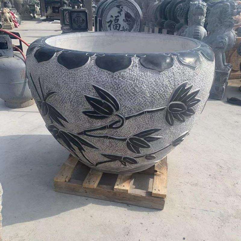 雕花盆鱼缸庭院SFA石头水缸养大盆缸青石仿古石户外石缸鱼种石花