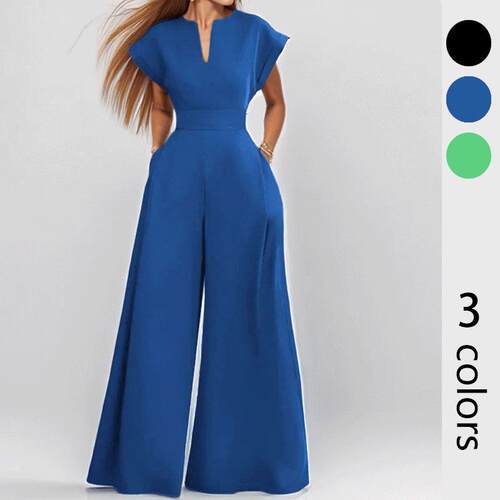 Women's Basic Cap Sleeve Wide Leg Jumpsuit - Fitted