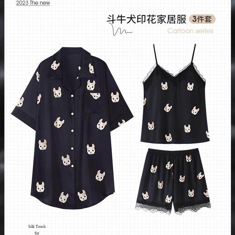 三件套睡衣女夏真丝短袖睡裙春秋款带胸垫吊带桑蚕丝性感家居服