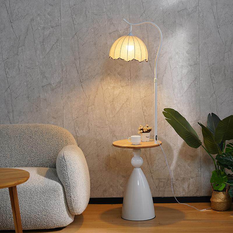 奶油风置物架一体落地灯客厅沙发旁边几摆件氛围灯卧室床头柜台灯