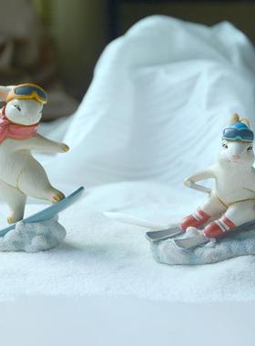 创意可爱卡通兔子摆件冬季运动会滑雪家居装饰送男女朋友生日礼物