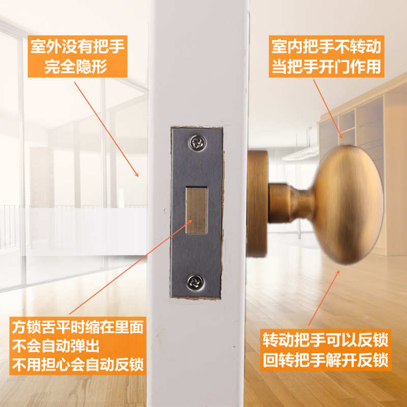 美式金色隐形门锁室内暗门锁欧式仿古单面锁黑色球形门把手房门锁