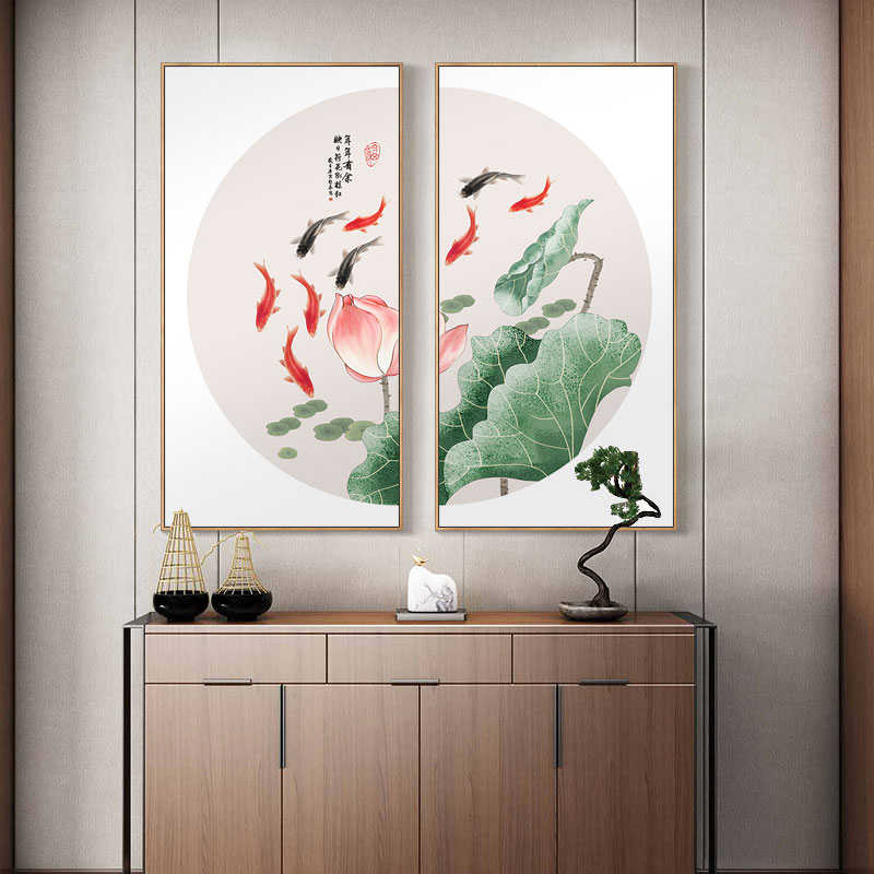 九鱼图玄关装饰画新中式餐厅茶室组合挂画日式客厅背景墙招财壁画图片