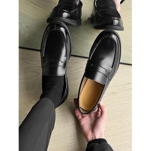 懒人一脚蹬乐福鞋黑色德比鞋男款商务正装豆豆鞋休闲英伦风皮鞋男
