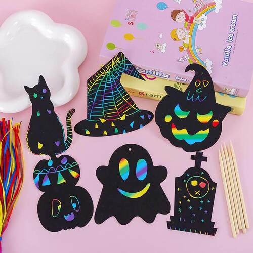 DIY Halloween bookmarks handwritten scratch drawings kids