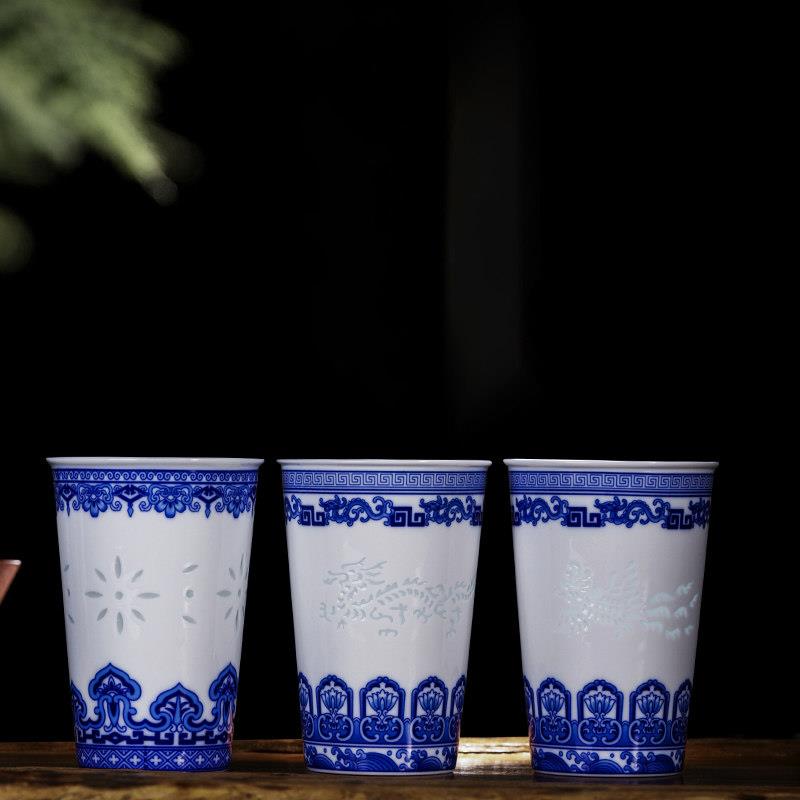景德镇陶瓷茶杯青花瓷办公会议水杯子家用带盖子泡茶可乐杯玲珑瓷