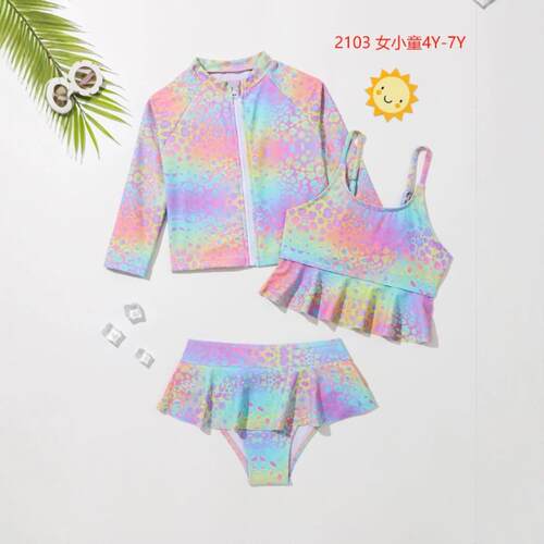 2025年新款4-7岁女宝防晒彩虹色泳装速卖通亚马逊爆款