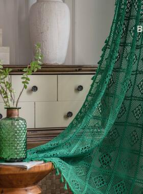 美式窗纱绿色遮光拼接镂空钩针魔术贴客厅飘窗成品窗帘