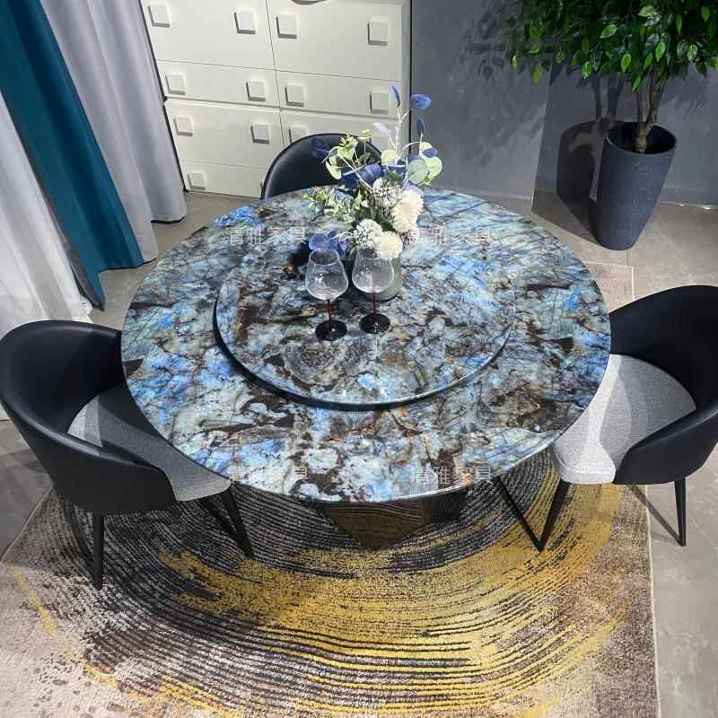 轻奢天然纹理蓝翡翠超晶加厚大理石餐桌高级小户型带转盘圆餐桌
