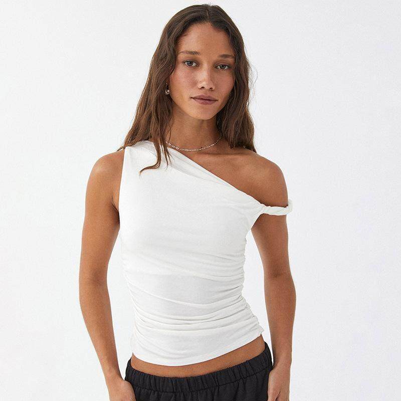 Single shoulder diagonal collar pleated top单肩斜领褶皱上衣 - 实物图