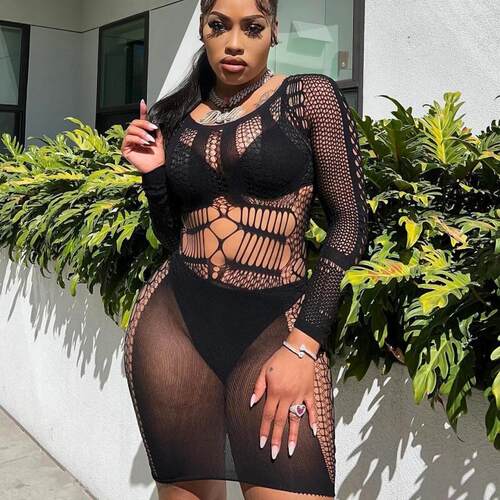 Underwear hollowed out long sleeved short dress with