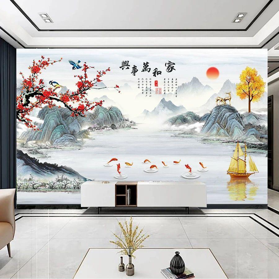 定制新中式山水电视背景墙布客厅沙发卧室装饰壁画