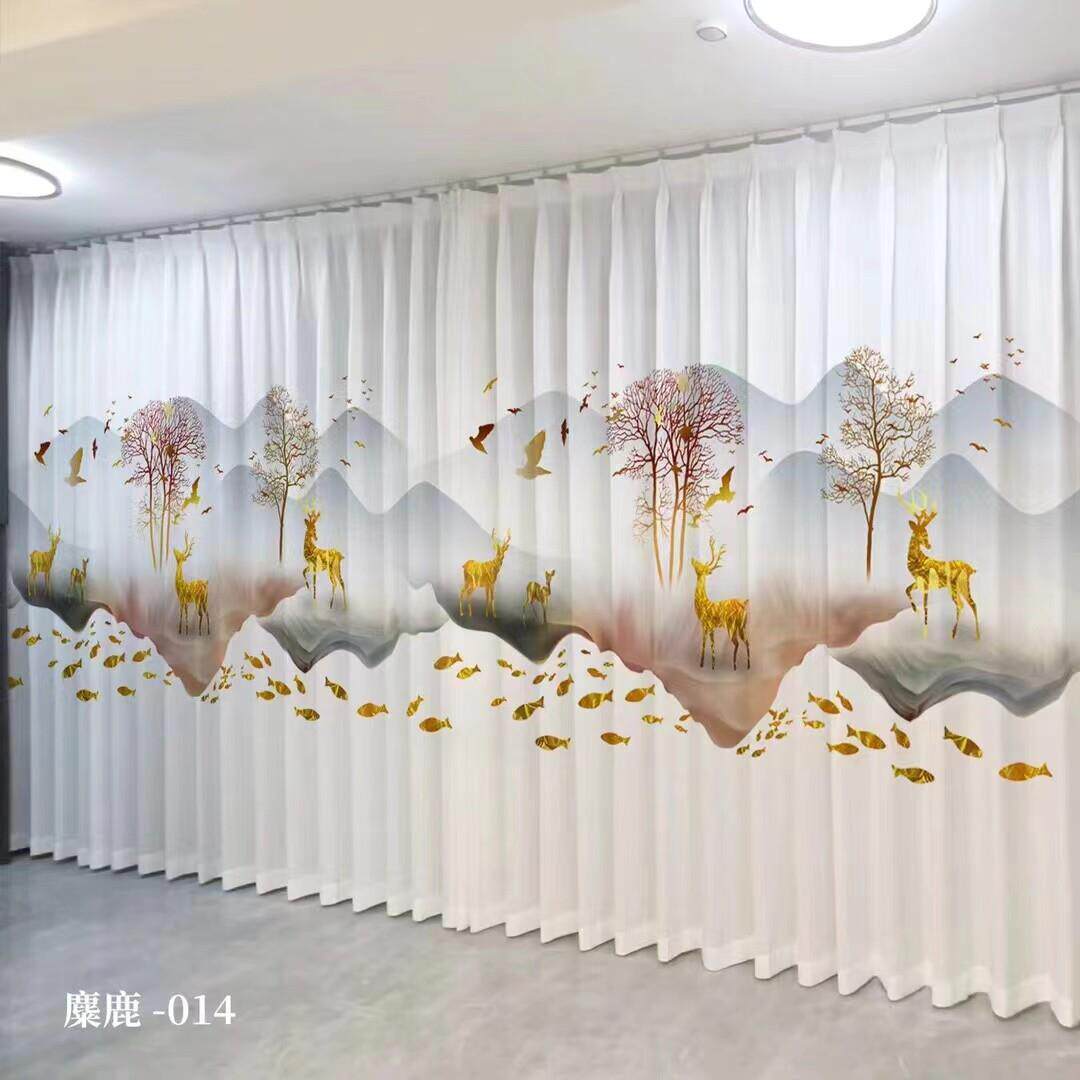 新中式山水画窗帘设计 现代风格全涤纶纱帘 可调高度打孔款