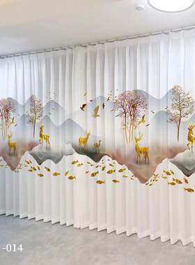 新中式山水画窗帘设计 现代风格全涤纶纱帘 可调高度打孔款