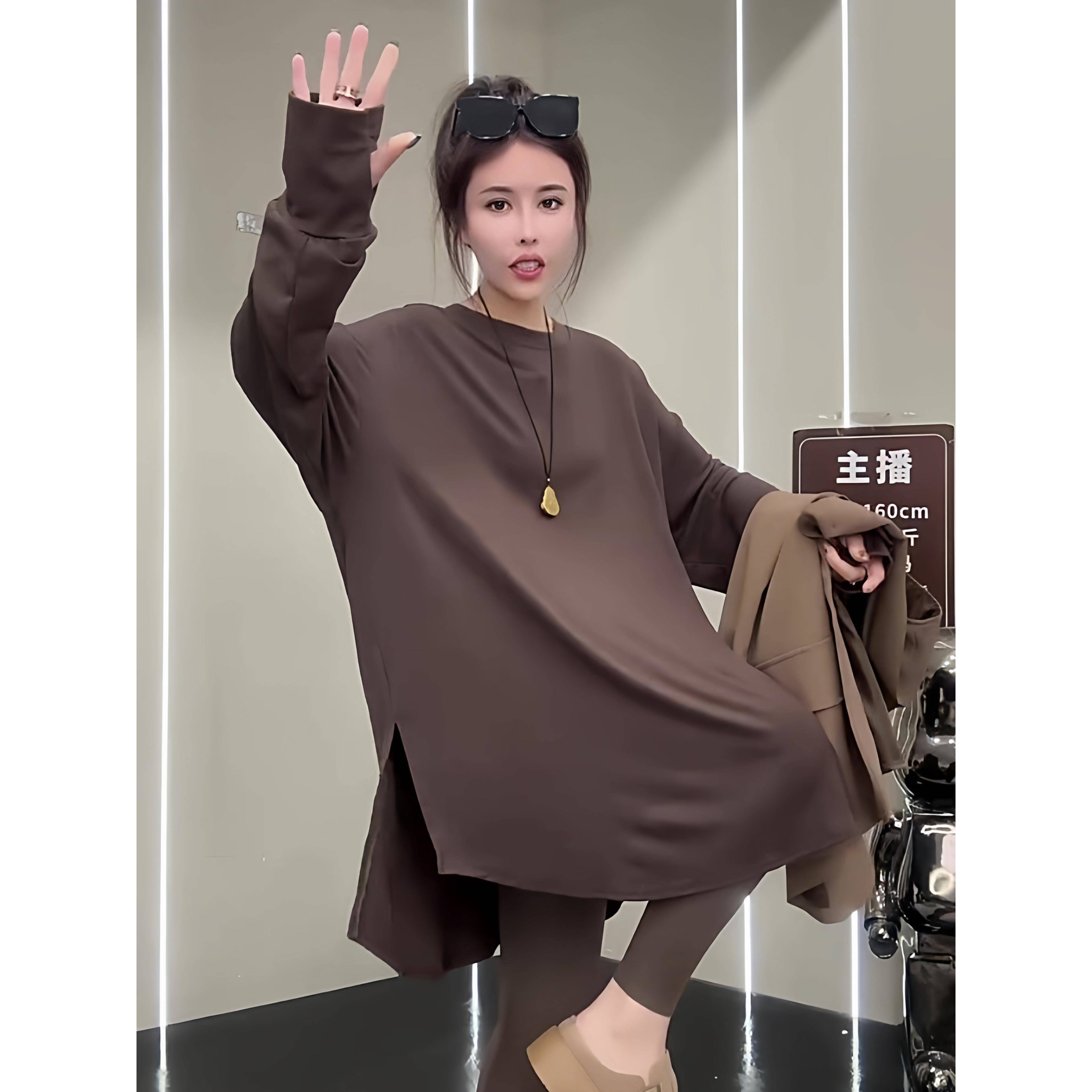 新品大码女装300斤高弹力中长款开叉T恤衫胖mm春秋季宽松遮肉舞蹈