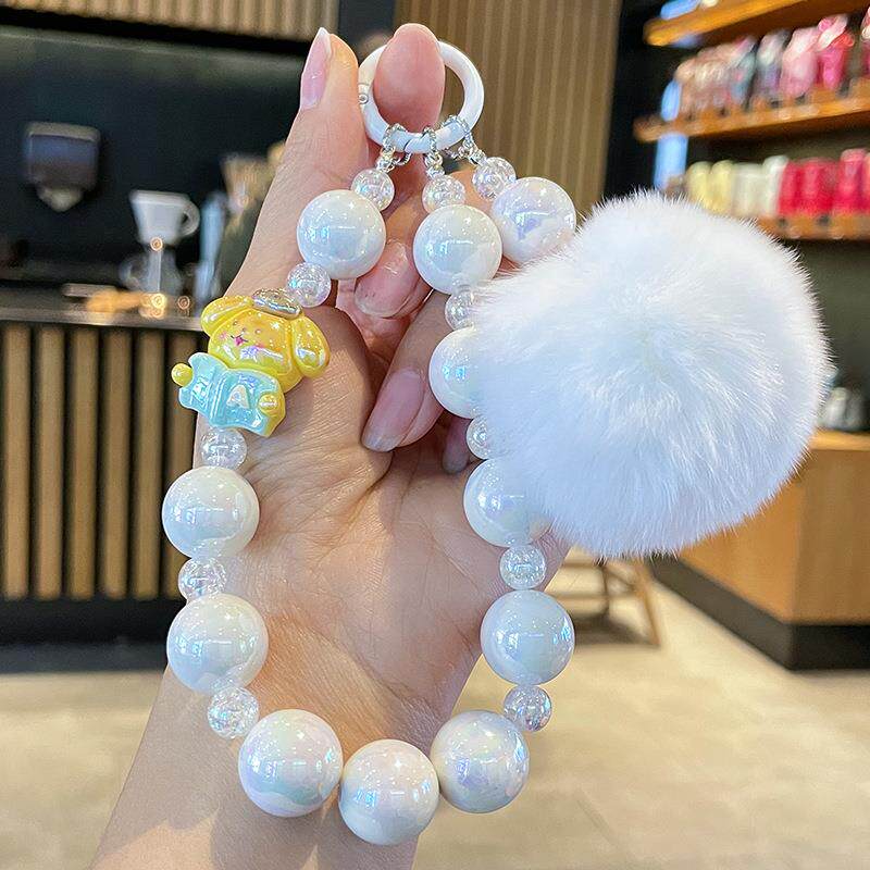 新款高级水晶珠串手机挂件网红毛球手串钥匙链少女心可爱手绳挂饰