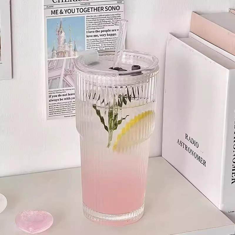 高颜值玻璃吸管杯女生大容量喝水杯子家用果汁饮料咖啡水杯双饮杯