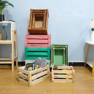 复古空箱超市展示木条木筐箱水果箱长方形木框架子免组装 收纳木箱