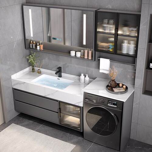 卫生间岩板无缝陶瓷盆浴室柜洗漱台洗衣机柜一体组合伴侣高低台面