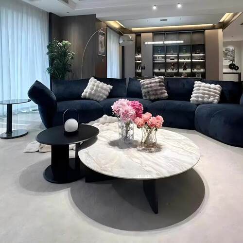 意式极简大理石茶几别墅高端大小圆形组合茶台客厅家用设计师茶桌