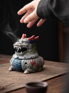 中式彩陶檀香炉创意麒麟盘香炉仿古陶瓷手彩线香炉家用线香座摆件