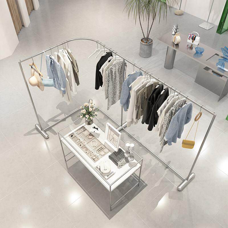 服装店女装不锈钢拐角落地挂衣架童装店展示架弧形衣架陈列货架