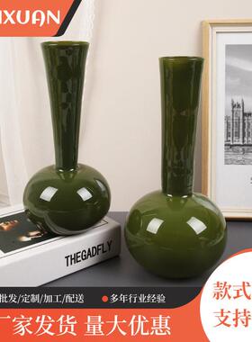 中古玻璃花级橄榄绿色摆件北欧风小众蝴蝶兰插花客厅摆设