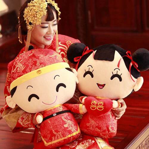 高档结压具床娃娃一对婚庆婚用品毛绒礼物玩情侣公喜仔抱枕婚房玩