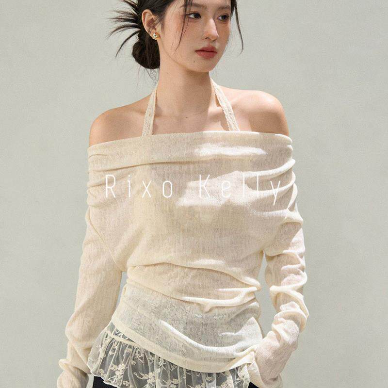 Rixo Kelly早春穿搭蕾丝拼接挂脖两件套女吊带长袖T恤打底衫套装