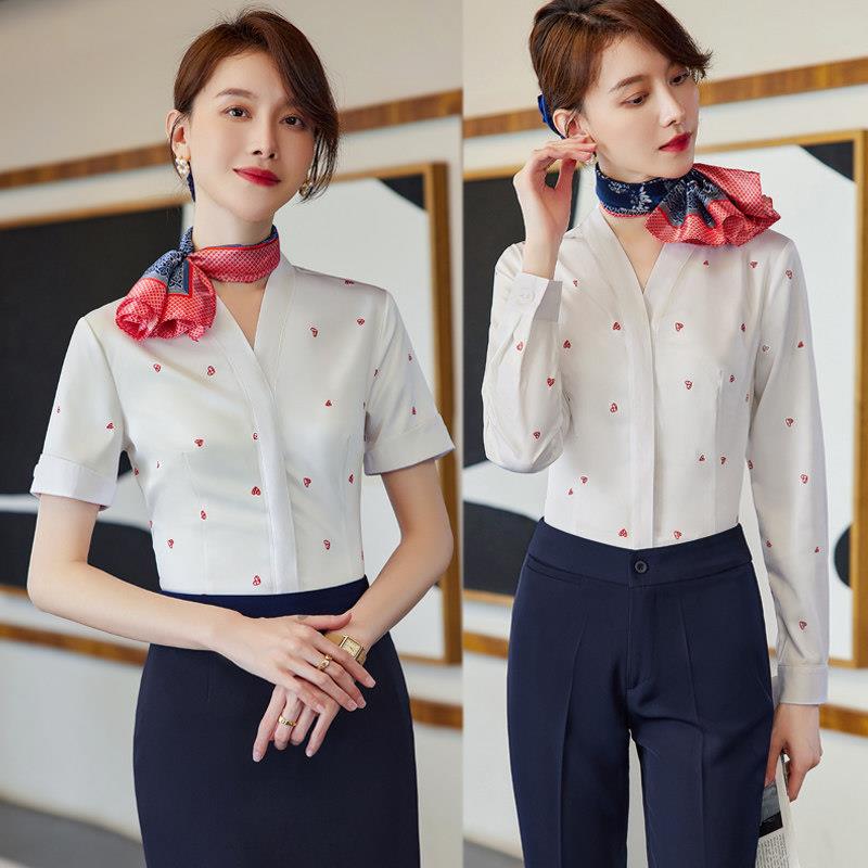 空姐制服职业衬衫女长袖V领印花白色衬衣高铁乘务员酒店接待工装