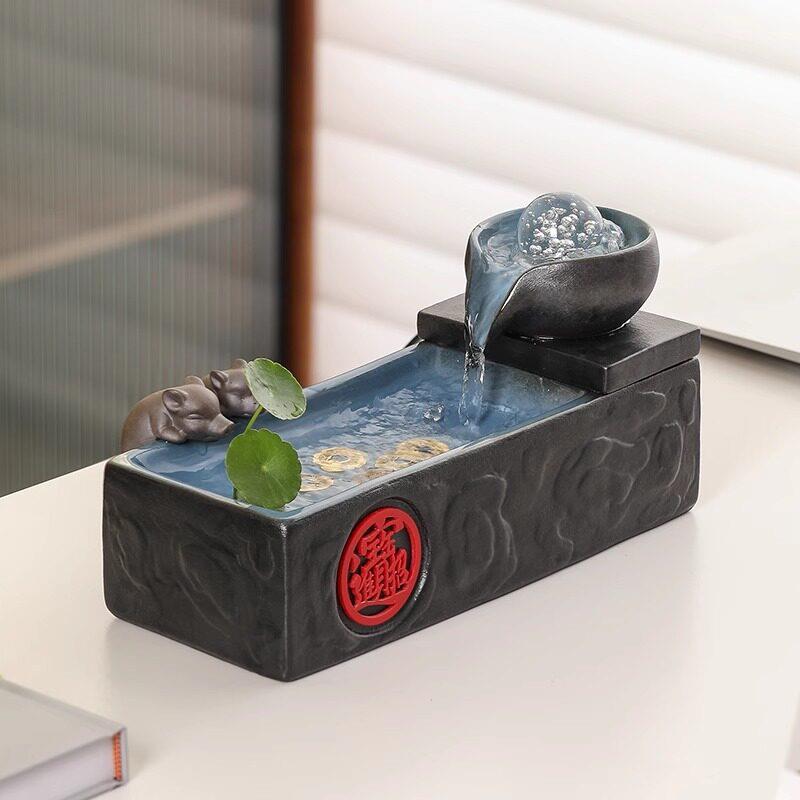 诸事大吉陶瓷招财流水摆件茶室办公桌水循环家居风水球装饰品