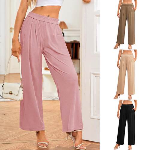 Women'S Casual Wide Leg Pants Pleated Elastic Waist Loose