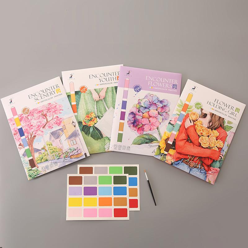 创意水彩涂色本解压图画本涂鸦绘画本卡通自带颜料水彩纸画纸