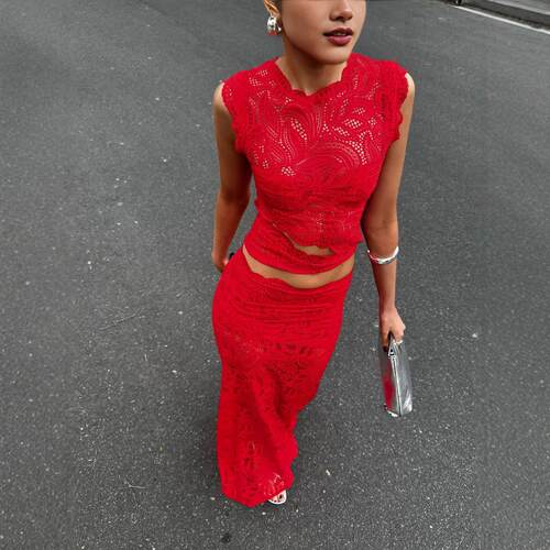Hollow out dress, red dress, fishtail dress, top, half