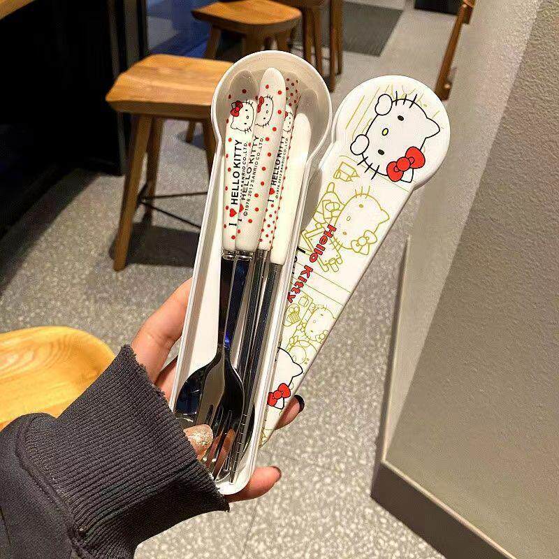 儿童陶瓷柄不锈钢餐具三件套筷子勺子卡通学生便捷收纳盒叉子套装