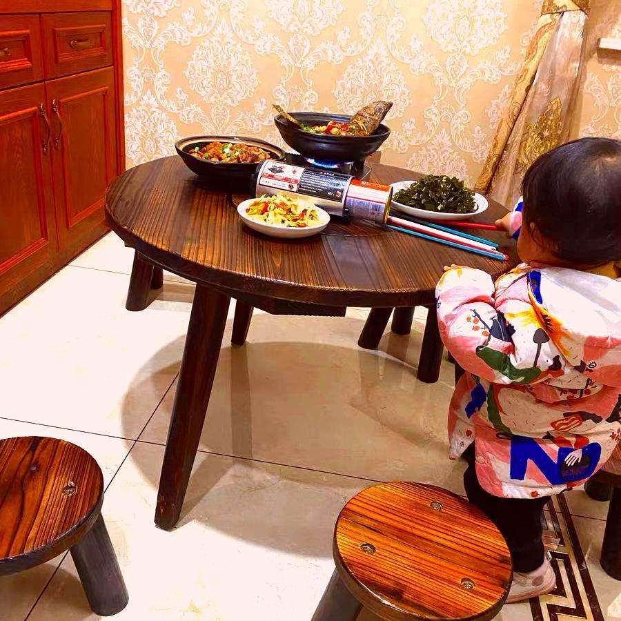 露营煮茶炉烧烤桌一体实木小茶几桌子饭桌圆桌田园茶桌田园风茶台