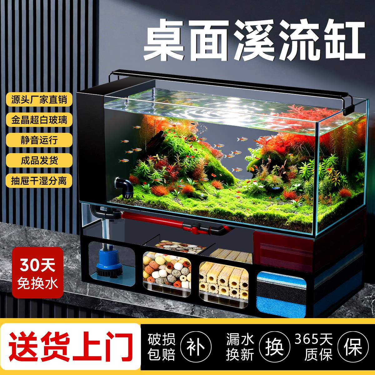客厅小型鱼缸带过滤金鱼缸底滤一体水族箱桌面小鱼缸超白玻璃龟缸
