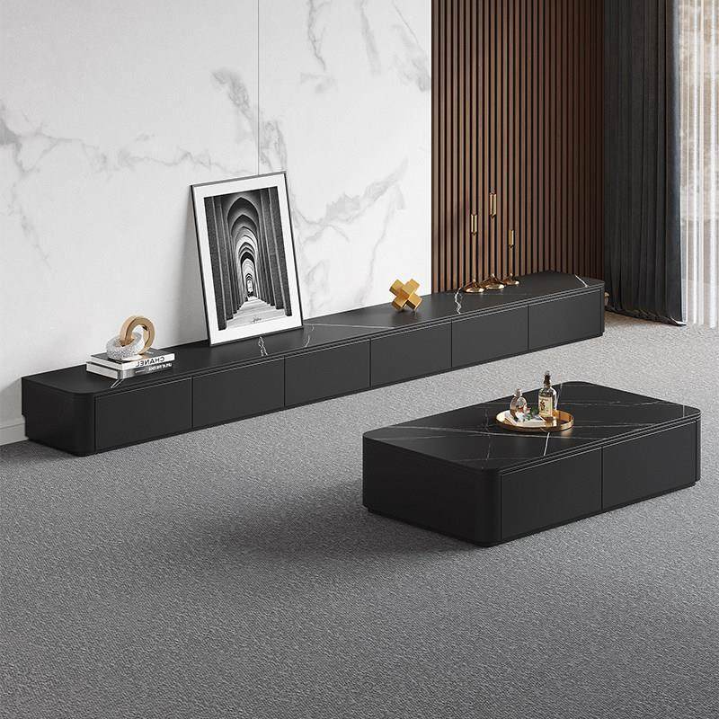 岩板电视柜茶几组合现代简约客厅家用新款黑色46cm实木落地电视柜