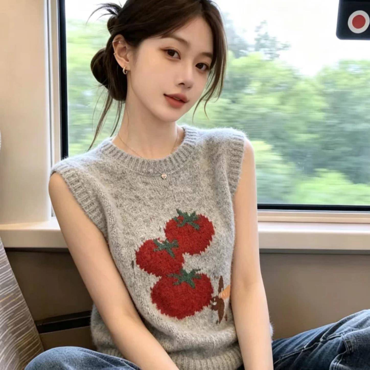 极速韩系可爱卡通刺绣针织马甲毛衣女春秋季2026新款显瘦减龄叠穿