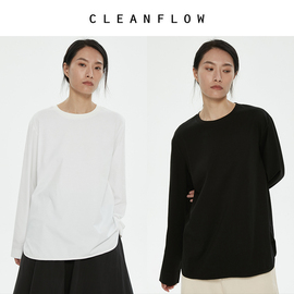 CLEANFLOW  精梳棉弧形下摆圆领长袖衬衫式T恤打底白色设计感女