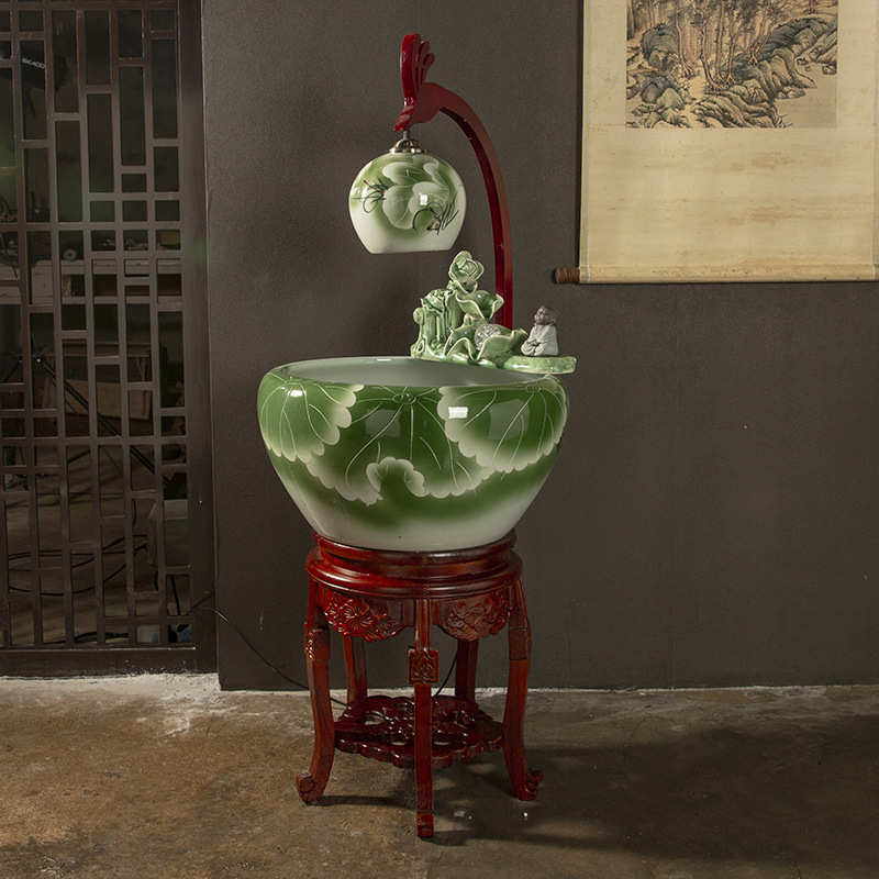 景德镇复古流水喷泉摆件办公室中式景观陶瓷鱼缸摆件开业礼品