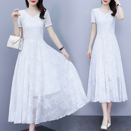 白色短袖连衣裙女2024年夏季修身显瘦大码女装中长款雪纺裙子