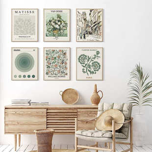 复古绿色艺术海报小清新装 饰挂画ins抽象马蒂斯高清喷绘帆布画芯