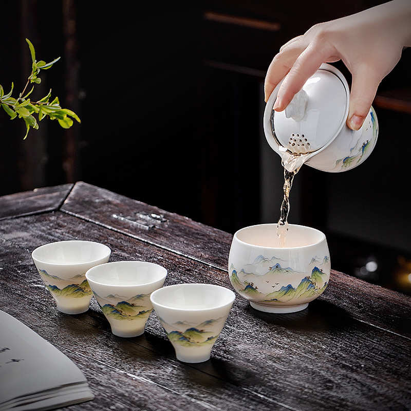 德化白瓷旅行茶具套装简约一壶四杯户外盖碗便携式快客杯logo可定