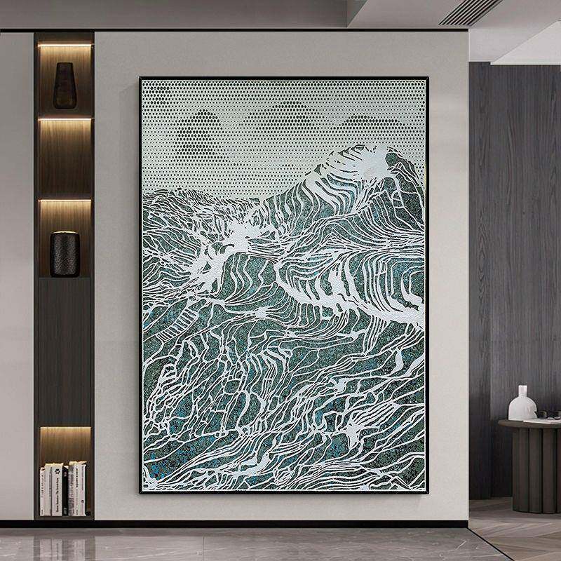 入户走廊尽头沙岩浮雕肌理壁画过道抽象样板房现代简约玄关装饰画