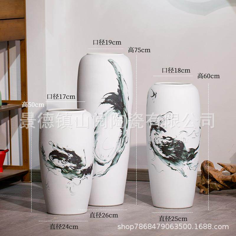 新中式落地大花瓶手绘水墨客厅摆件装饰客厅软装饰玄关轻奢摆设