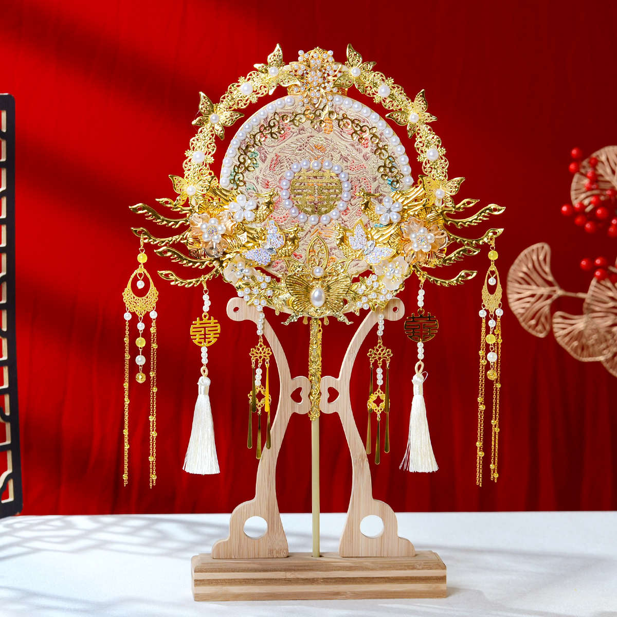 GJU8结婚新娘团扇成品重工大气秀禾喜扇奢华diy手工材料包双面手