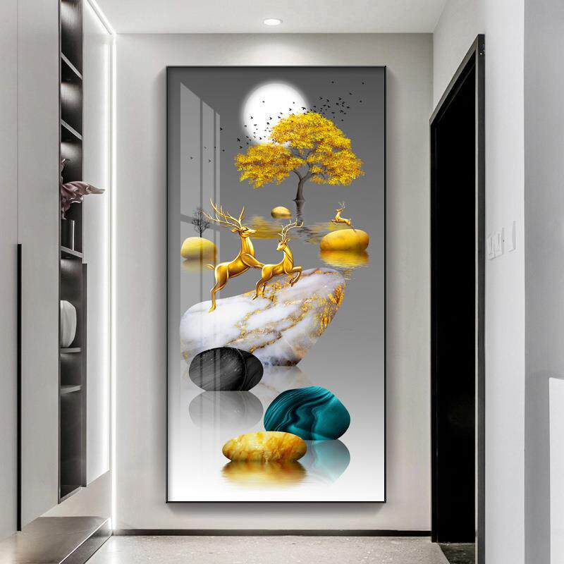 轻奢玄关装饰画现代简约新中式入户客厅走廊过道麋鹿山水高端挂画